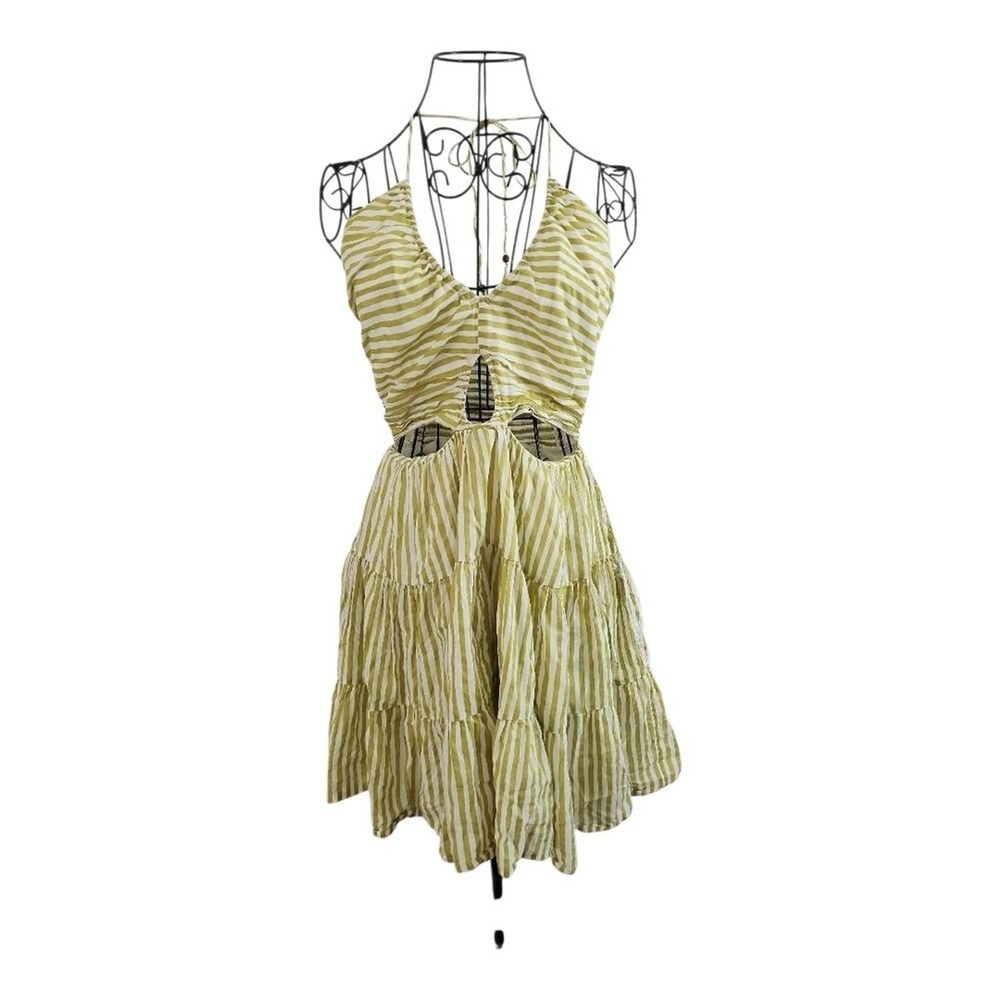 Seafolly Halter Sun Dress Women 8 Green Striped Cutout Summer Beach Boho Coastal